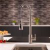 flöde Fjädra | Pull Out Kitchen Sink Mixer Tap | Spring Style Mixer Tap | Brushed Steel | Oval Head
