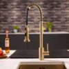flöde Fjädra | Pull Out Kitchen Sink Mixer Tap | Spring Style Mixer Tap | Brushed Brass | Round Head