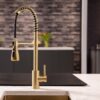 flöde Fjädra | Pull Out Kitchen Sink Mixer Tap | Spring Style Mixer Tap | Brushed Brass | Oval Head