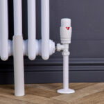Angled Round Thermostatic TRV & Lockshield | 15mm X 1/2" | Matt White Finish