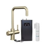 3 in 1 Instant Hot Water Kitchen Tap Kit - Brushed Brass Finish - with Space Saving Corner Tank and Carbon Filter