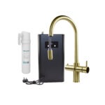 Cygne 3-in-1 Pull Out Instant Hot Water Kitchen Mixer Tap with 1.8L Corner Tank & Carbon Filter - Brushed Brass Finish