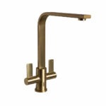 Top-Fix Rena Twin Lever Kitchen Mixer Tap - Quick Install - Brushed Brass - Swivel Spout - Deck-Mounted - Top Fix Installation