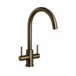 Top-Fix Torra Twin Lever Kitchen Mixer Tap - Antique Brass - Quick Install - Swivel Spout - Deck-Mounted
