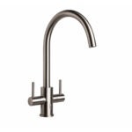 Top-Fix Torra Twin Lever Kitchen Mixer Tap - Quick Install - Brushed Steel - Swivel Spout - Deck-Mounted - Top Fix Installation